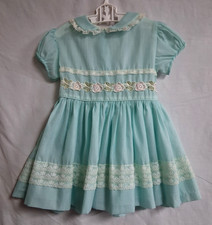 Vtg HoneySuckle Fashions Sheer Aqua Baby Girl's Dress Lace Pleats Flowers 18M 