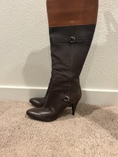 Brown Tan Leather Knee High Stiletto Pointed Toe Buckle Women's Boots
