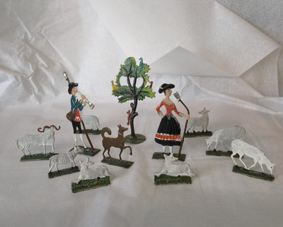 vintage tin flats, folk art sheep herder set 12 pieces