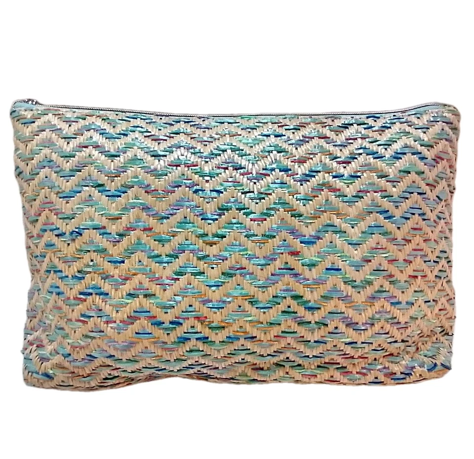 Bolso de Viaje Cosmético Maquillaje Lancome Paris Azul Beige Tejido Paja Cremallera con Borla Foto 3 de 4