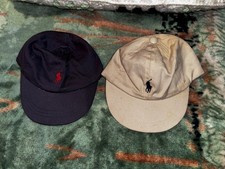 Ralph Lauren Hat Cap Infant Navy Blue  Beige 100 Cotton Elastic Band Lot of 2