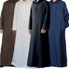 Mens Saudi Jubba Dishdasha Muslim Long Sleeve Hooded Kaftan Cotton Maxi Thobe