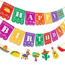 2PCS Mexican Happy Birthday Banner Colorful Mexican Fiesta Birthday Bunting G...