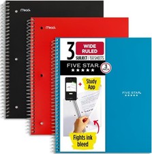 Spiral Notebook Study App 3 Pack 3 Subject Wide Ruled Paper 8" x 10-1/2"