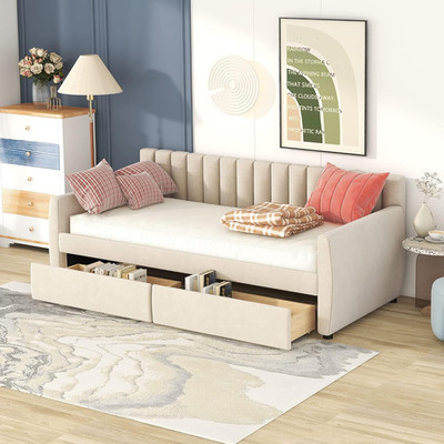Beige Twin Size Upholstered Daybed with 2 Storage Drawers and Slat Support