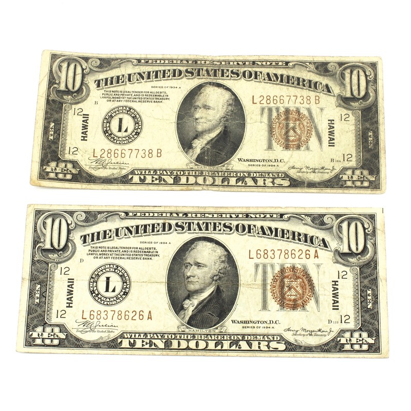 Series 1934 $10 Emergency Note Hawaii United States Currency NR Lot of 2 #C938-3