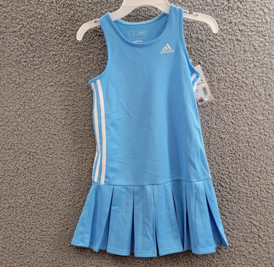Adidas Sleeveless Striped Tennis Dress Girls 6 Blue/White Scoop Neck Pullover - Image 2 of 4