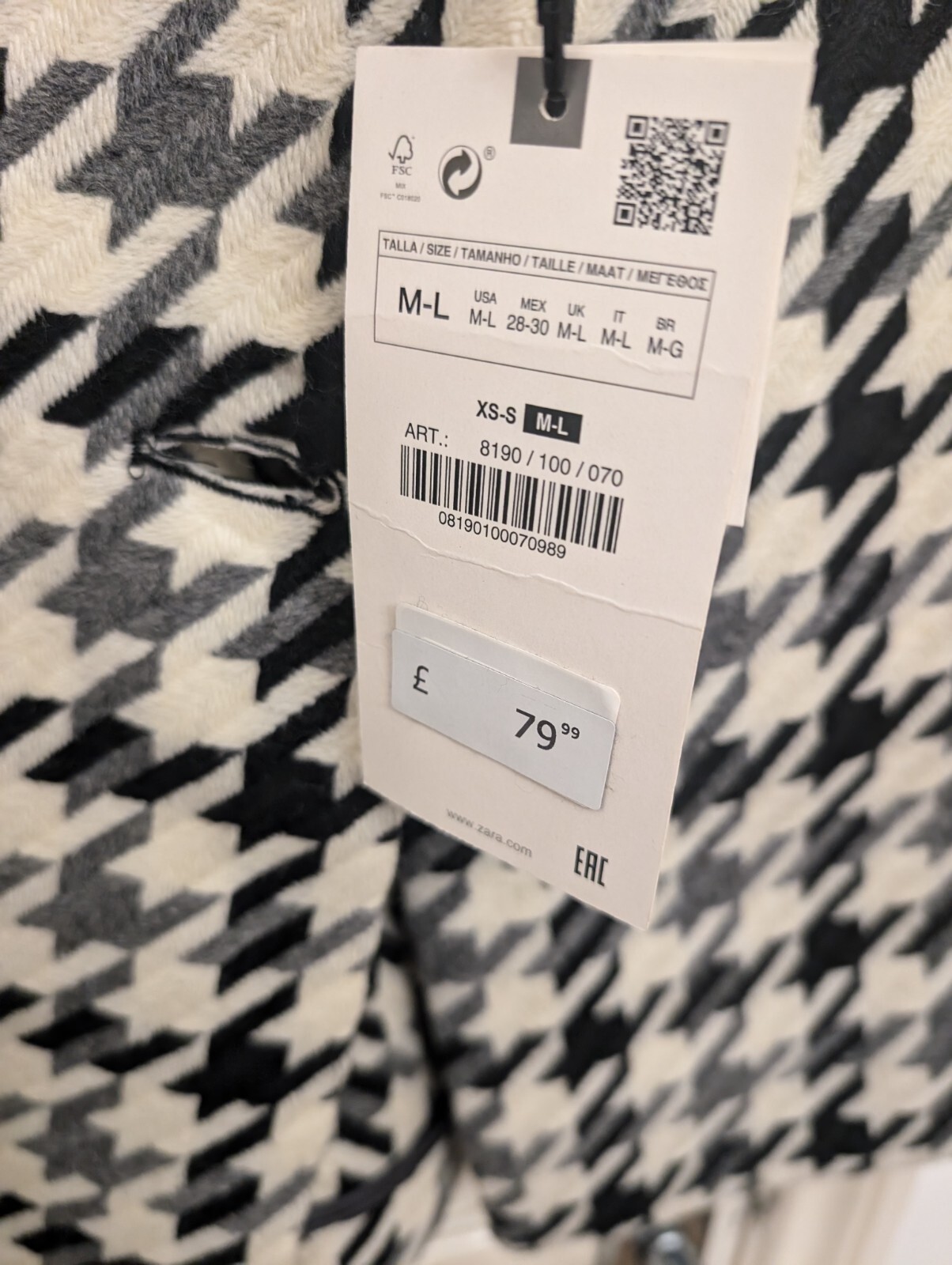 Rare ZARA Houndstooth Wool Blend Black Grey & White Coat Jacket - Size M-L image 4