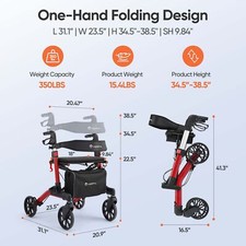 Dual-Folding Rollator Walker 350LB Capacity Aluminum Rolling Walker 8'' Wheels