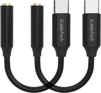 iCableTech USB C Headphone  Jack 3.5mm Adapter, 2 Pack - Black