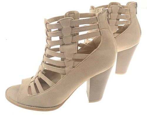 G by Guess Zip up Caged Ankle Booties Peep Toe Chunky Heel Tan Women US Sz 6.5  - Picture 8 of 9