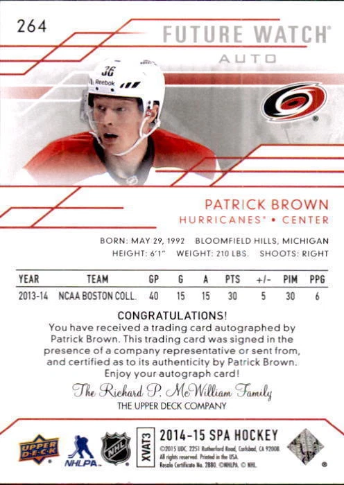 2014-15 SP Authentic #264 Patrick Brown AUTO ROOKIE #977/999 (ref 17020) - Image 2 of 2