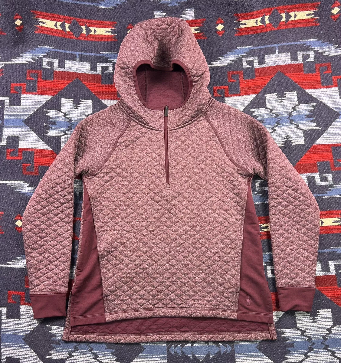 Smartwool 1 4 Zip Diamond Peak Quilted Top Maroon Hooded Wool Blend Hoodie Sz XS