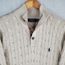 POLO RALPH LAUREN Size Large 100% Tussah Silk Cable Knit Sweater 1/4 Button Tan