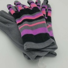 New Fleece Gloves Women's Gray Purple Pink Stripe Set of 2 OSFM