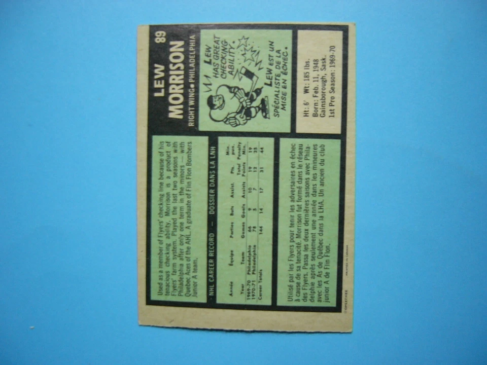 1971/72 O-PEE-CHEE NHL HOCKEY CARD #89 LEW MORRISON EX/NM SHARP!! 71/72 OPC - Image 2 of 2