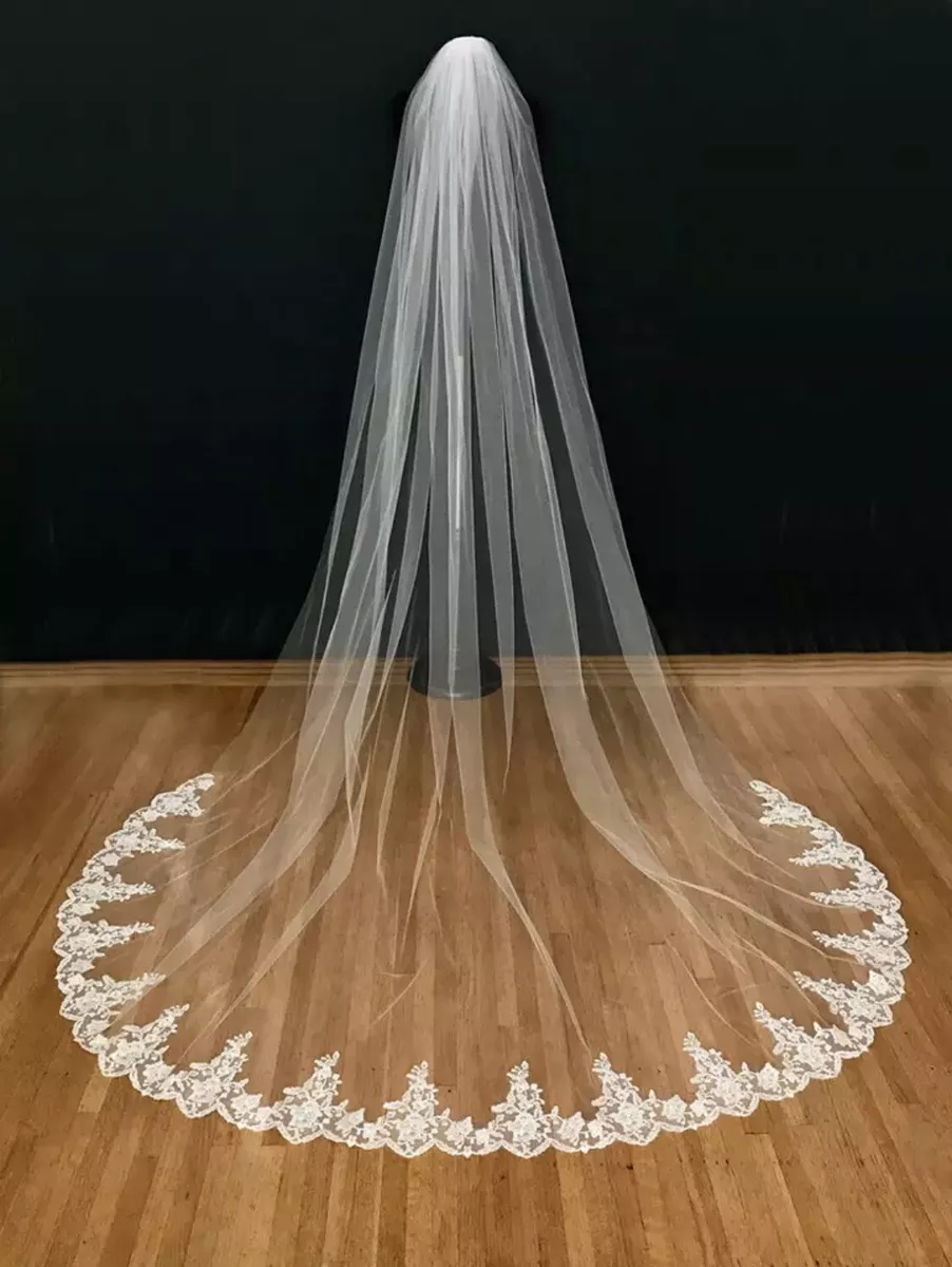 lace edge wedding veil one layer white ivory bridal veil cathedral length  without comb tulle