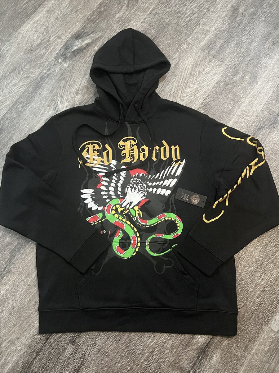 ED Hardy Skull Eagle Snake Skull Graphic Tattoo Pullover Black