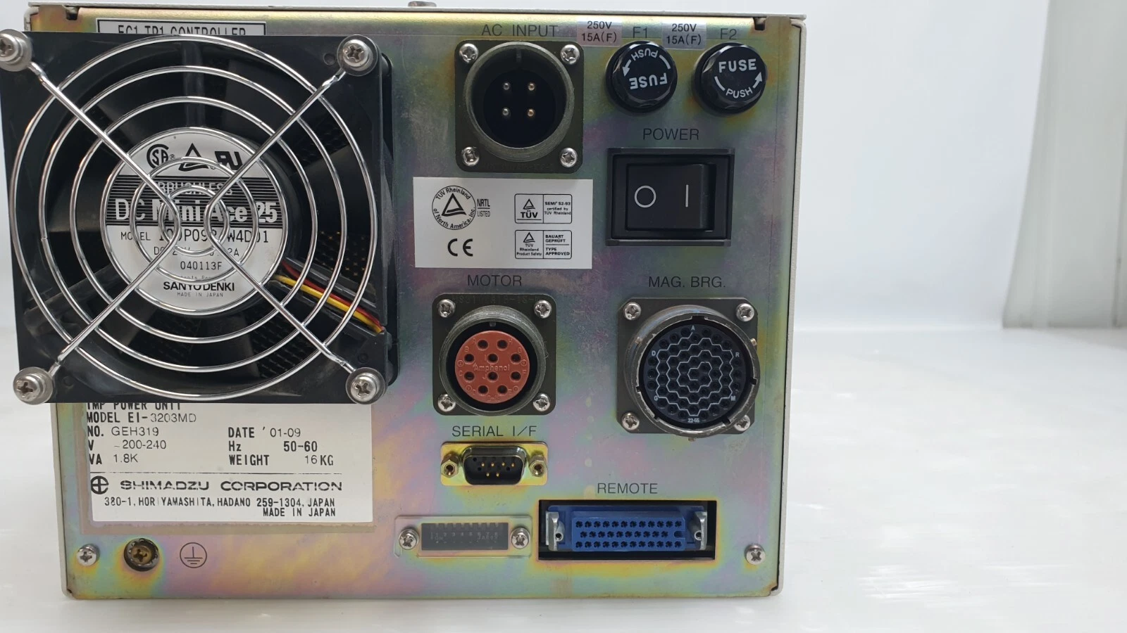 Rear panel of the EI-3203MD: AC input, F1 and F2 fuses, power switch, MOTOR, MAG. BRG., REMOTE