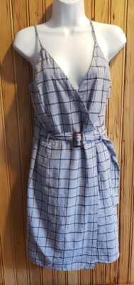 Sandy & Sid Small Checker Wrap Dress White Blue Spring Spaghetti Belted NWT