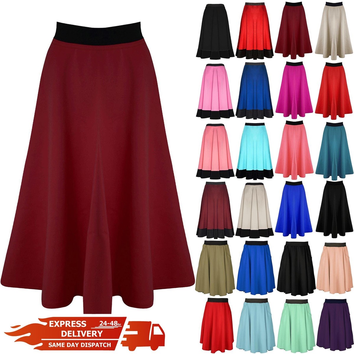 New Womens Ladies Mid Length Scuba Stretchy Flared Skater Swing