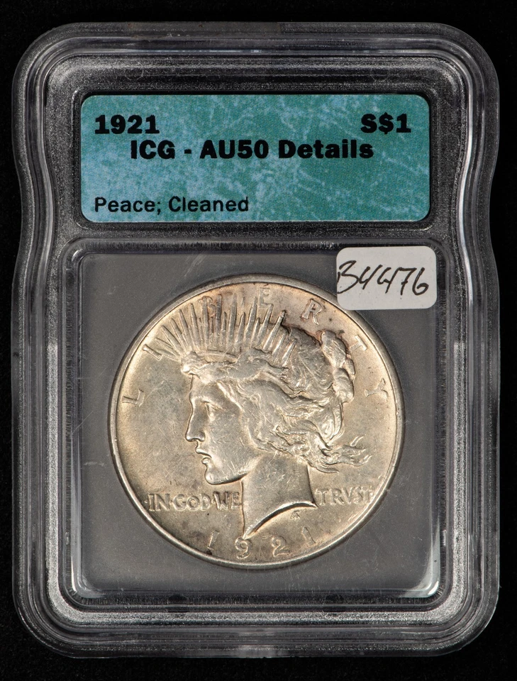 1921 $1 Silver Peace Dollar - High Relief Key Date -  ICG AU 50 Dets - SKU-B4476 - Image 2 of 4