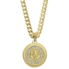 Mens 14k Gold Plated LION MEDALLION Pendant Cubic-Zirconia 30" Cuban #98 Chain