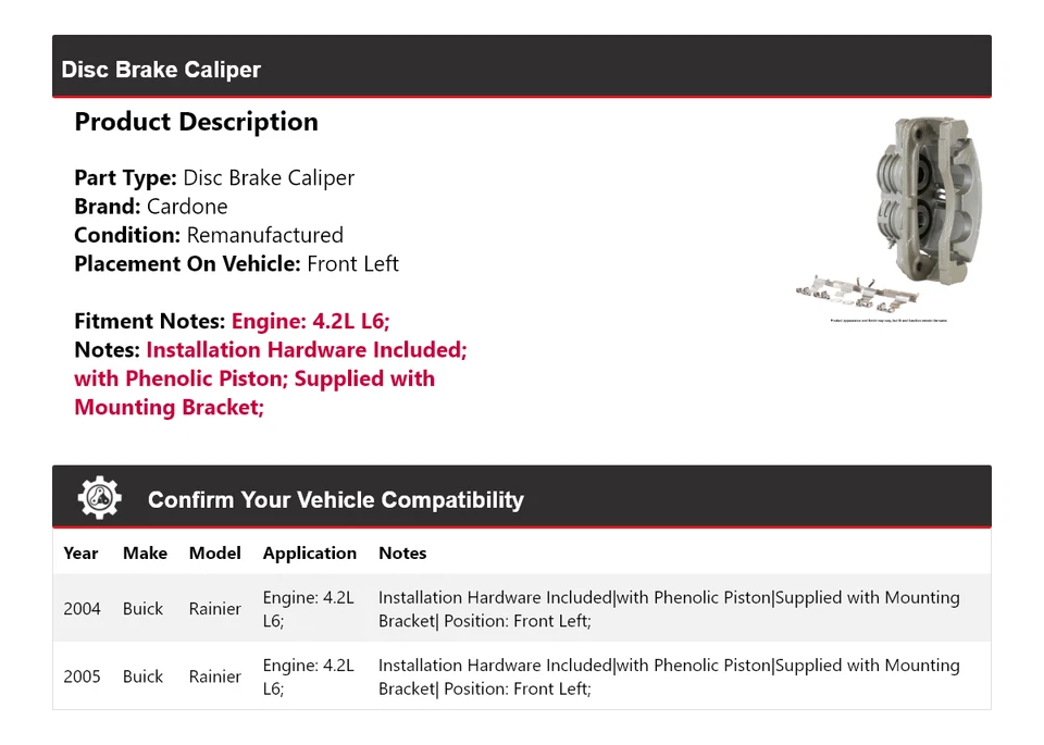 适用于 2004 - 2005 年别克 Rainier 4.2L L6 盘式制动卡钳前左 Cardone — 第 2/4 张图片