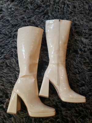 Princess Polly Cream Faux Leather Croc Style High Heel Boots 8