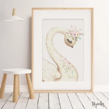 Baby, Girl Nursery Bedroom Wall Art decor print watercolour floral Swan Prints