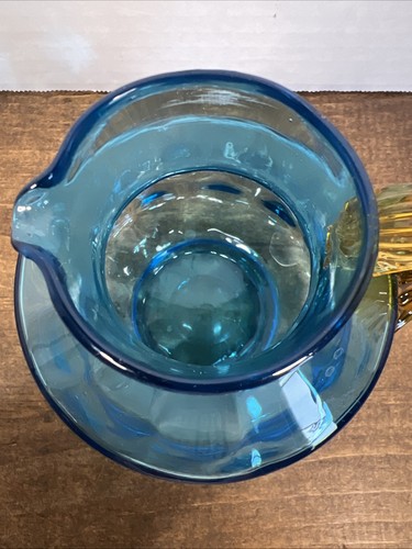 HTF Vintage Art Glass Thumbprint Pitcher W/Amber Applied Glass Handle - Picture 7 of 14