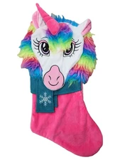 Plush Pink & White Velvet  Rainbow Unicorn Holiday Christmas Stocking