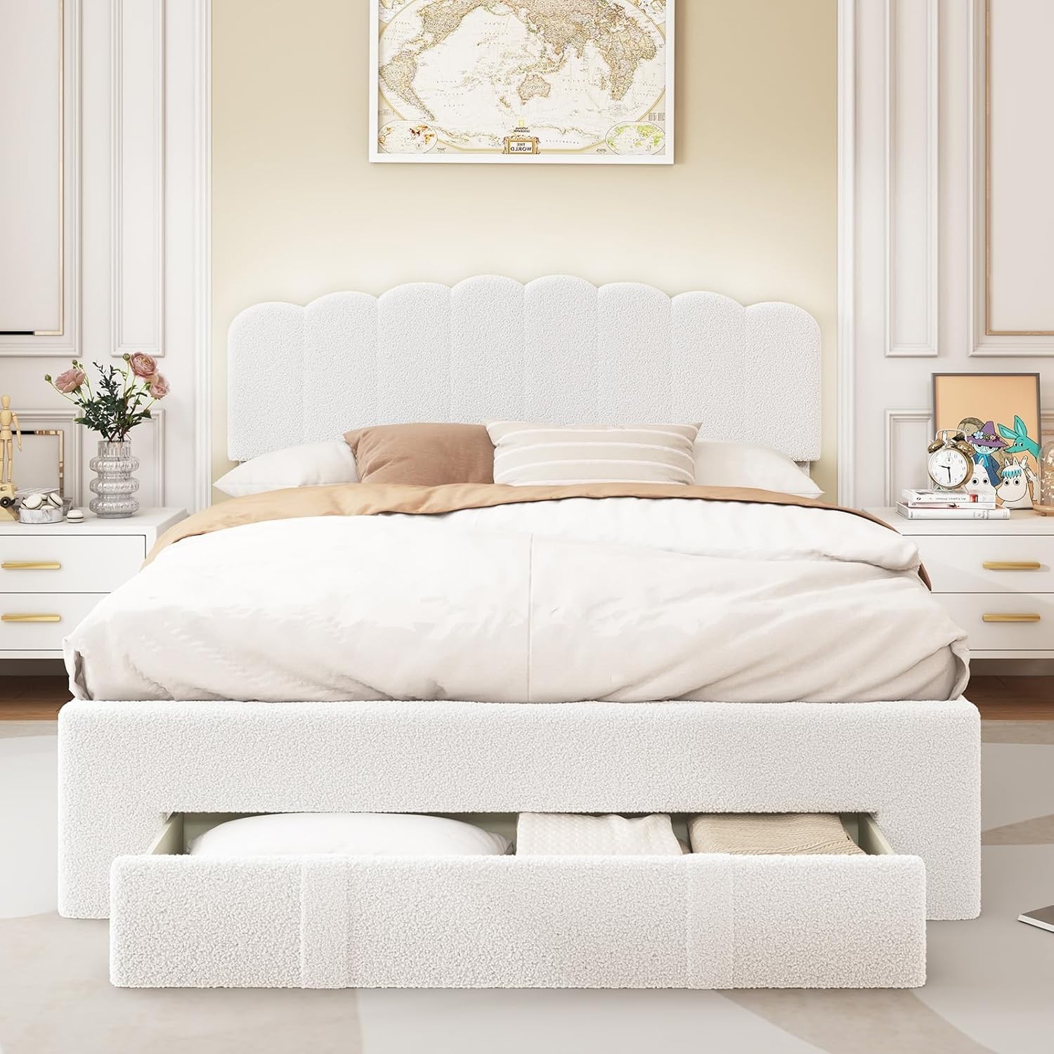 W/ Storage Drawer & Adjustable Headboard Off White