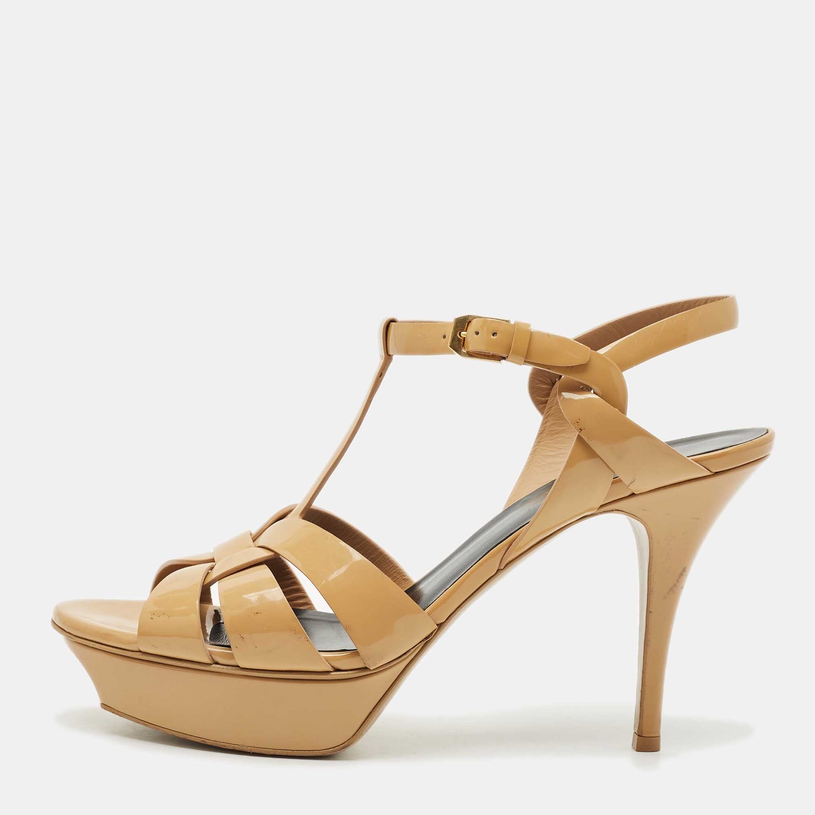 Sandali alla caviglia omaggio Saint Laurent beige in vernice misura 41 5