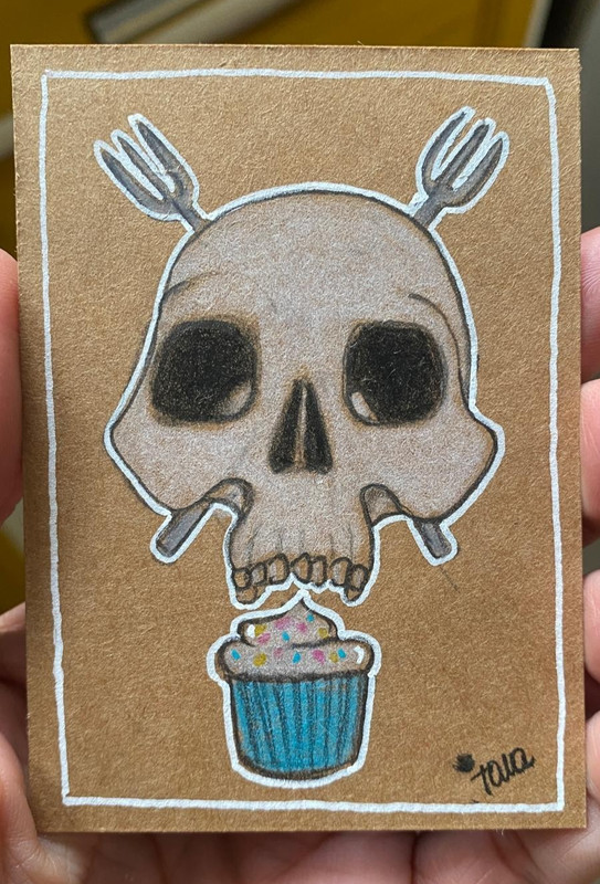 ACEO Original Painting ATC OOAK  cute skull cupcake death food funny  2.5x3.5 1