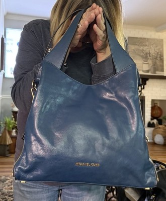 Michael Kors Devon Large Steel Blue Calf's Leather ShoulderTote EUC