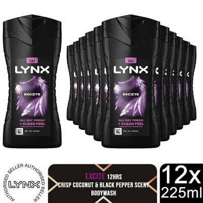 Lynx Excite Duschgel 225 ml, 12er Pack 3 in 1 Körperhaar Gesichtswasser Herren