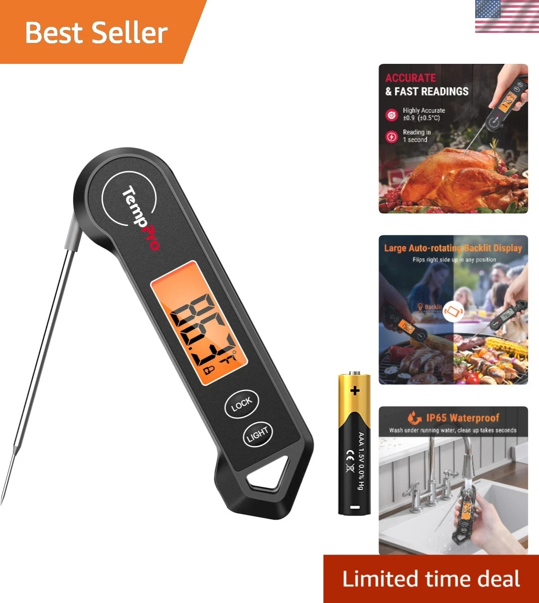TP19H Waterproof Digital Meat Thermometer - Instant Read for Perfect Cooking