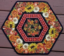 Handcrafted Quilted Table Runner Topper - FALL FLOWERS PUMPKIN SUNFLOWER LEAVES