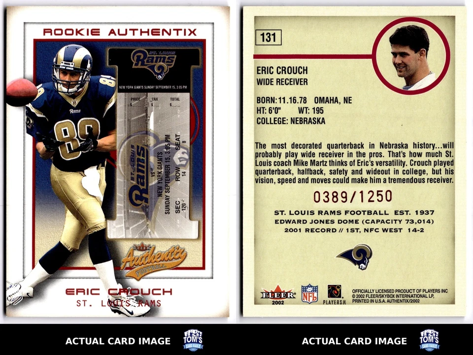 2002 Fleer Authentix #131 ERIC CROUCH St. Louis Rams RC #/1250 NM - Image 3 of 4