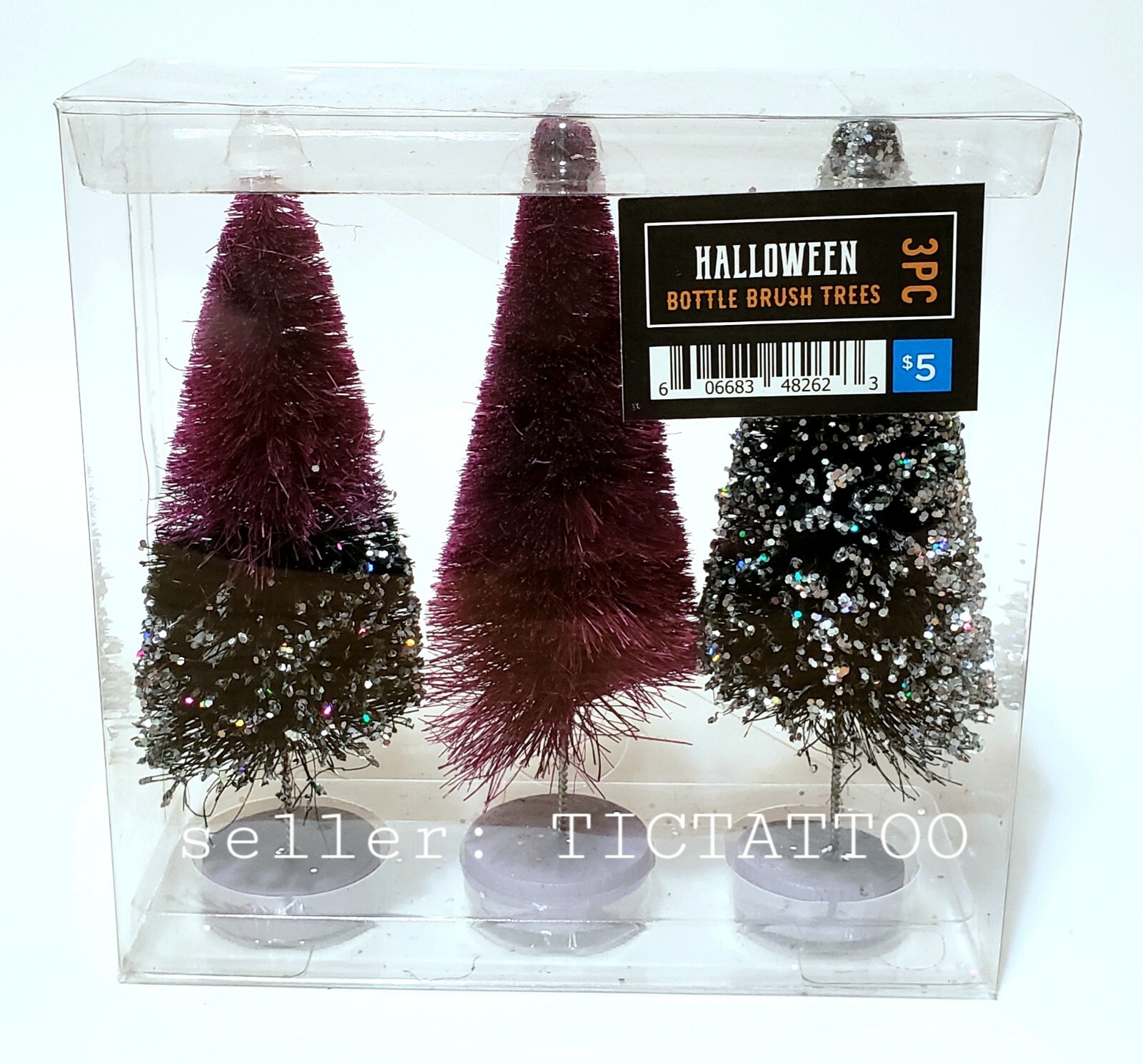 🔥 3pc Halloween BOTTLE BRUSH TREES Set PURPLE & BLACK w/ 