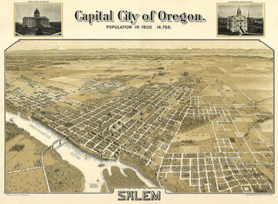 Salem, Oregon - 1905 - Aerial Bird's Eye View Map Poster