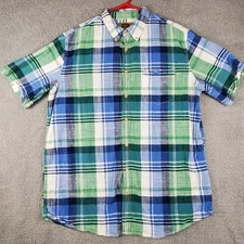 The Foundry Mens Shirt XLT Tall Blue Green Plaid Chambray Short Sleeve Button 