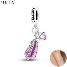 MULA 925 Sterling Silver CZ Feather Heart Pendant DIY Charm For Women Bracelet
