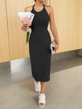 Women's Crew Neck Tank Sleeveless Knee Length Dresses Ribbed Bodycon Midi Dress