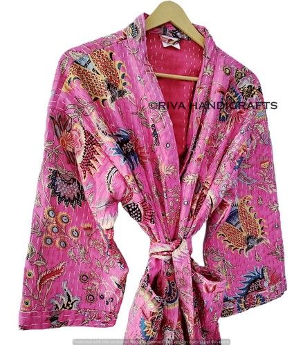 Indiano Mukat Stampa Rosa Kantha Piumino Handmade Hippie Inverno Mezza Lunghezza - Foto 6 di 7