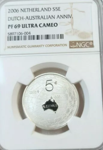 2006 NETHERLANDS SILVER 5 EURO S5E DUTCH AUSTRALIAN ANNIV NGC PF 69 ULTRA CAMEO
