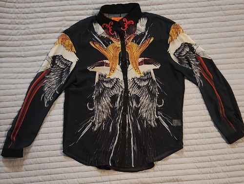 Clover Canyon MEDIUM Multi Print Sheer Button Down Blouse MADE IN USA Eagle Bird