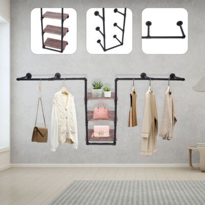 Wall Mount Clothing Rack w/ 3 Tiers Wood Shelf,Industrial Pipe Free Standing