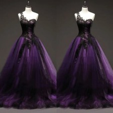 Gothic Black and Purple Wedding Dresses One Shoulder Lace Applique Bridal Gowns